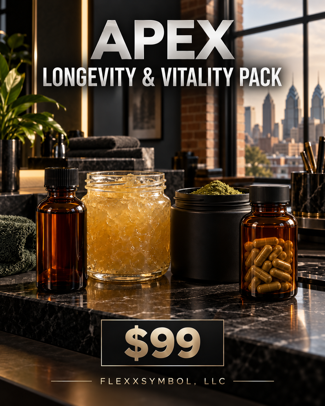 Flexxsymbol, LLC APEX Longevity and Vitality Pack with Batana oil, sea moss, Super Greens, and consultation-selected herbal capsules