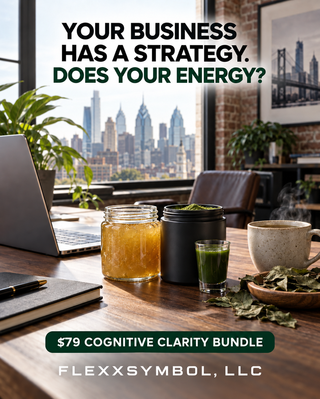 Flexxsymbol, LLC Cognitive Clarity Bundle for entrepreneurs featuring sea moss, super greens, and soursop tea